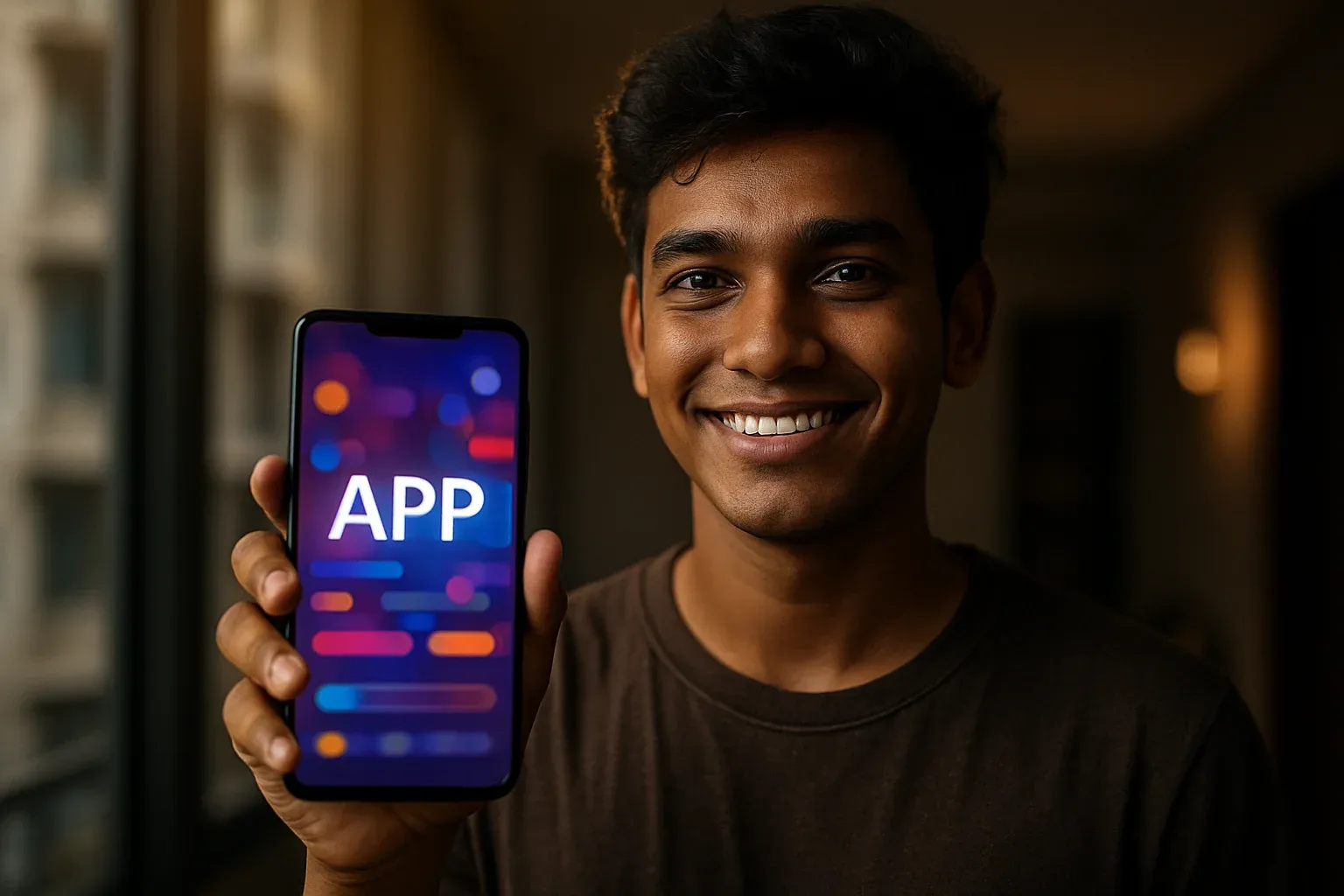 Smiling young Bangladeshi man holding smartphone with colorful gaming app screen