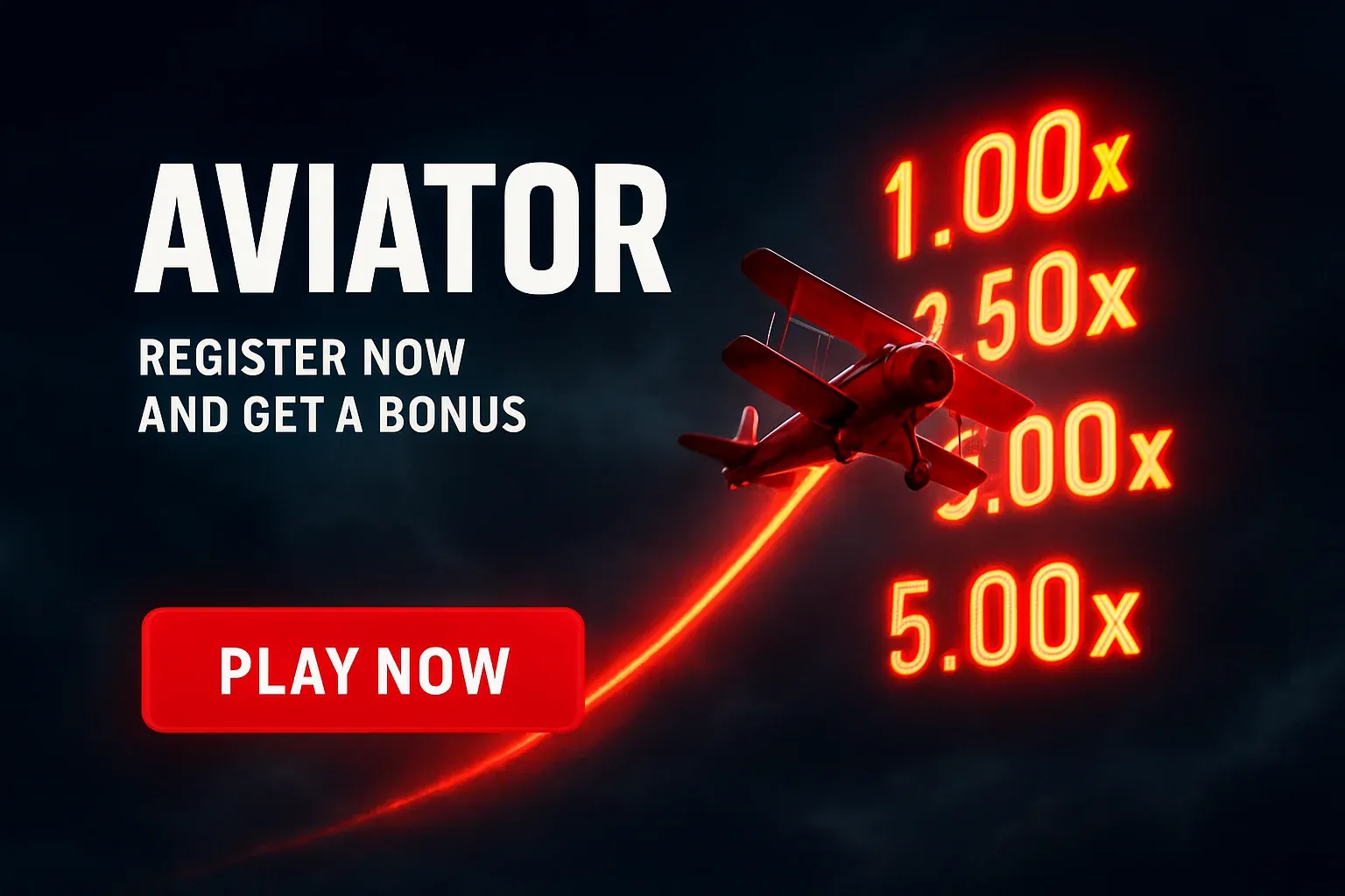 Aviator crash game banner with red plane, multipliers, and play button