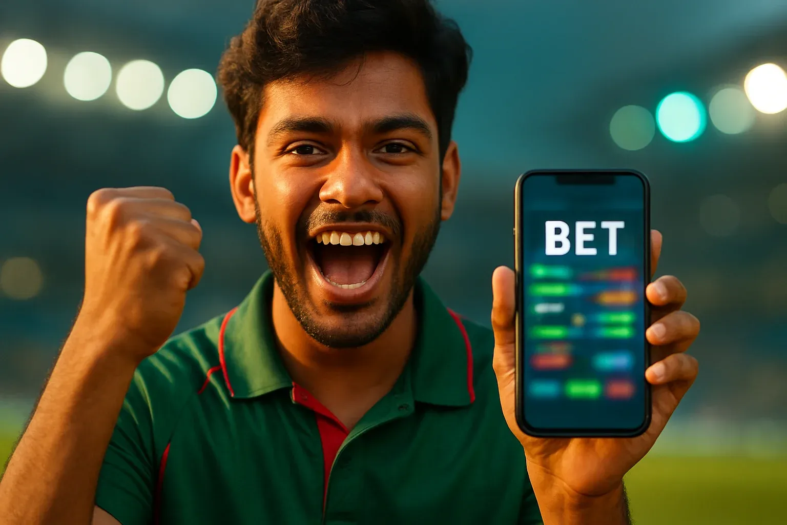 Excited Bangladeshi man holding smartphone with sports betting screen saying BET