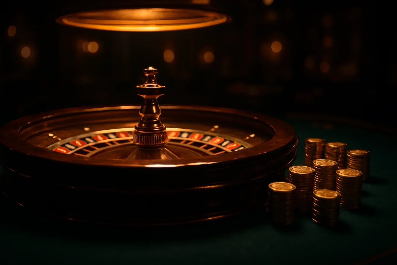 Elegant live casino table with glowing roulette wheel and golden chips