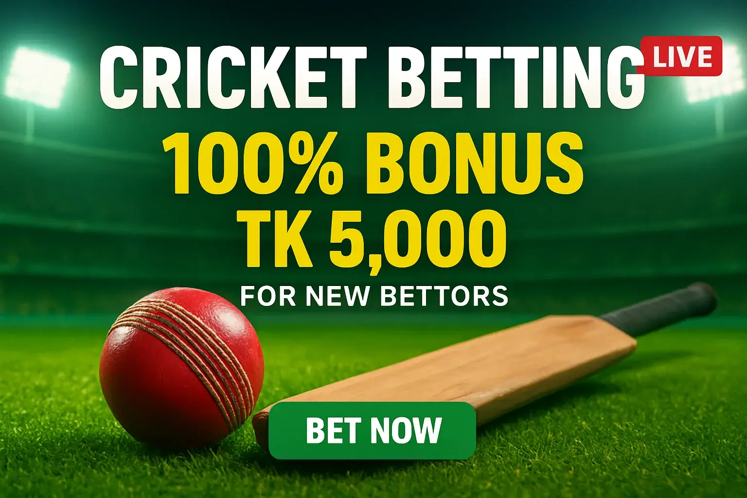 Cricket betting banner with bat, ball, stadium, bonus, and CTA