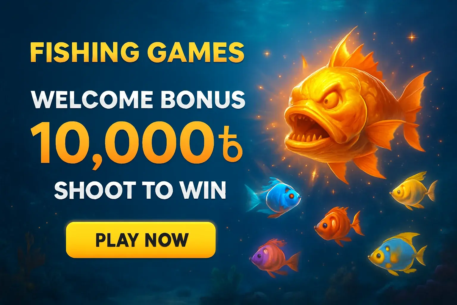 Fishing arcade banner with underwater boss fish, bonus offer, and play button