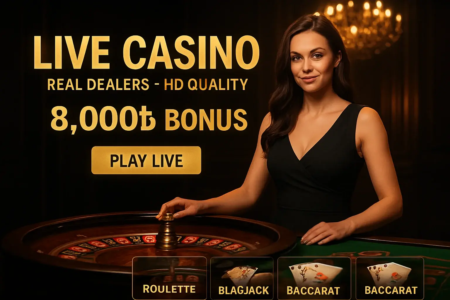 Live casino banner with female dealer, roulette table, gold CTA