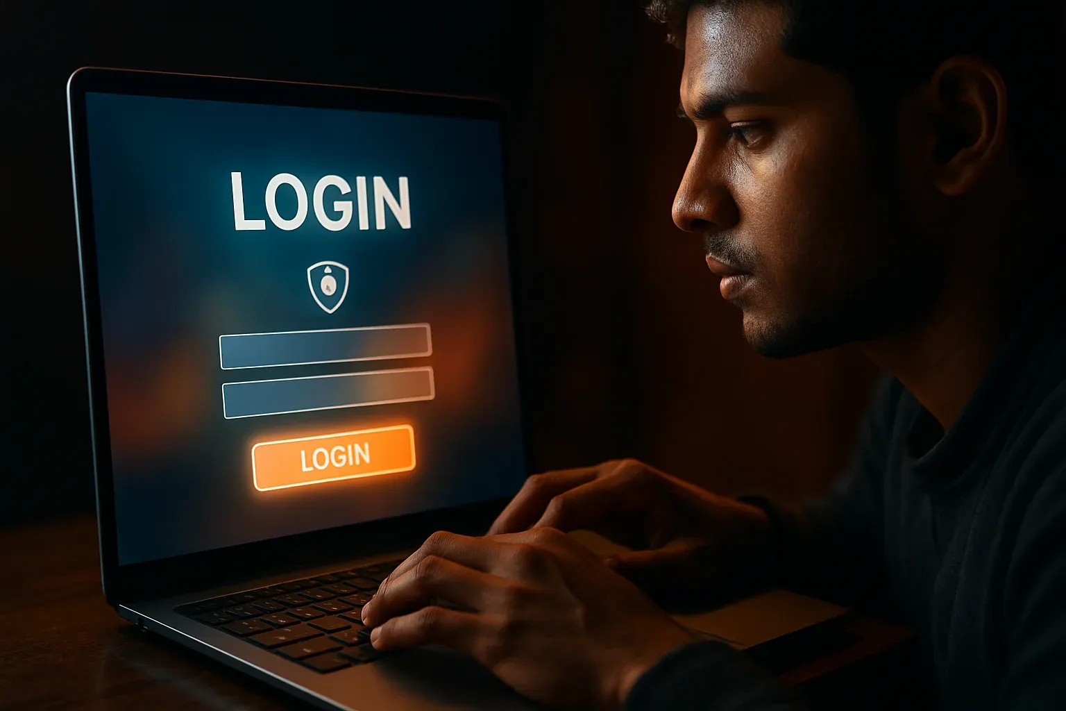 Young Bangladeshi man's hands on laptop showing LOGIN sign-in screen