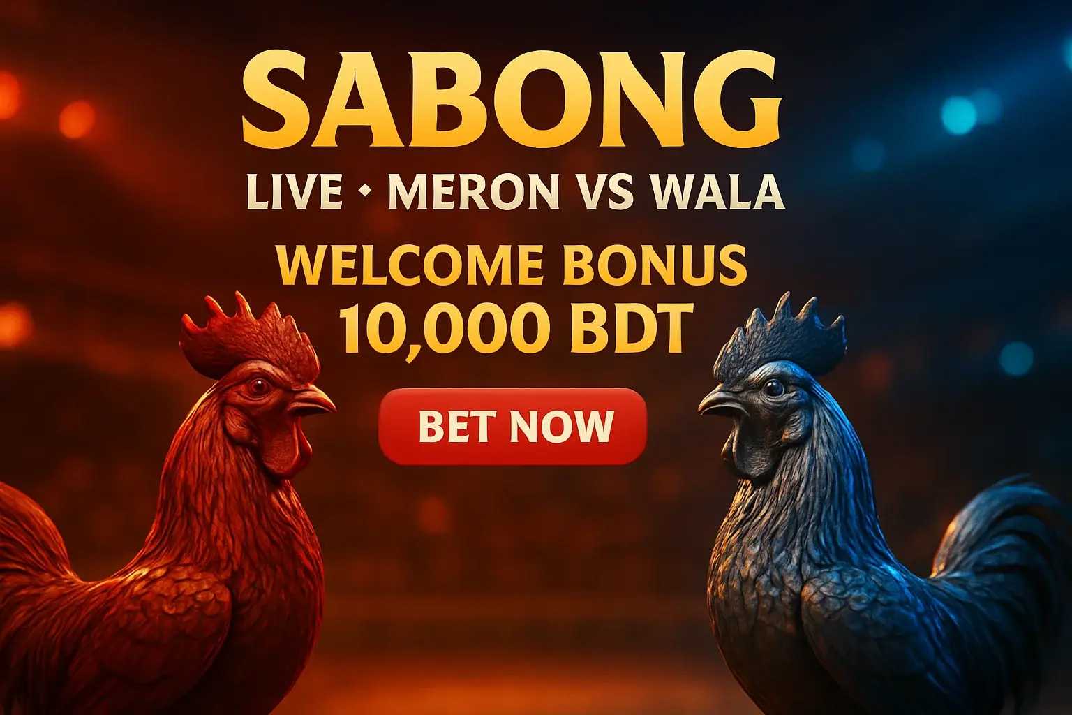 Live sabong banner with decorative rooster figurines and bonus offer
