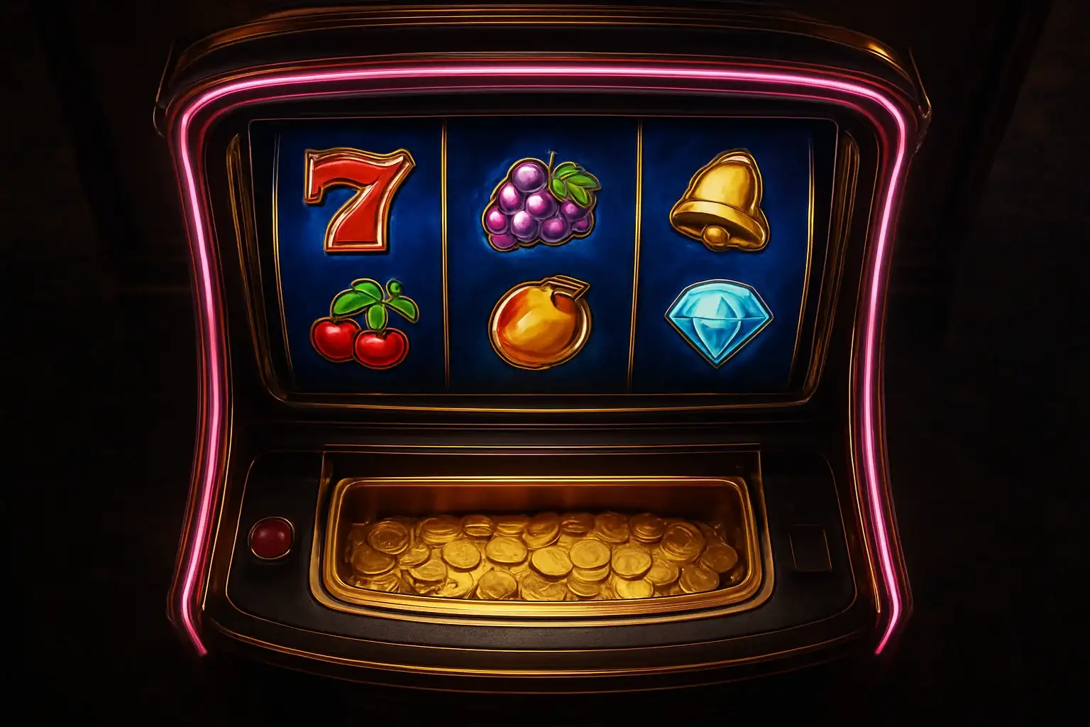 Hyperrealistic premium slot machine with three vertical reels in luxury casino